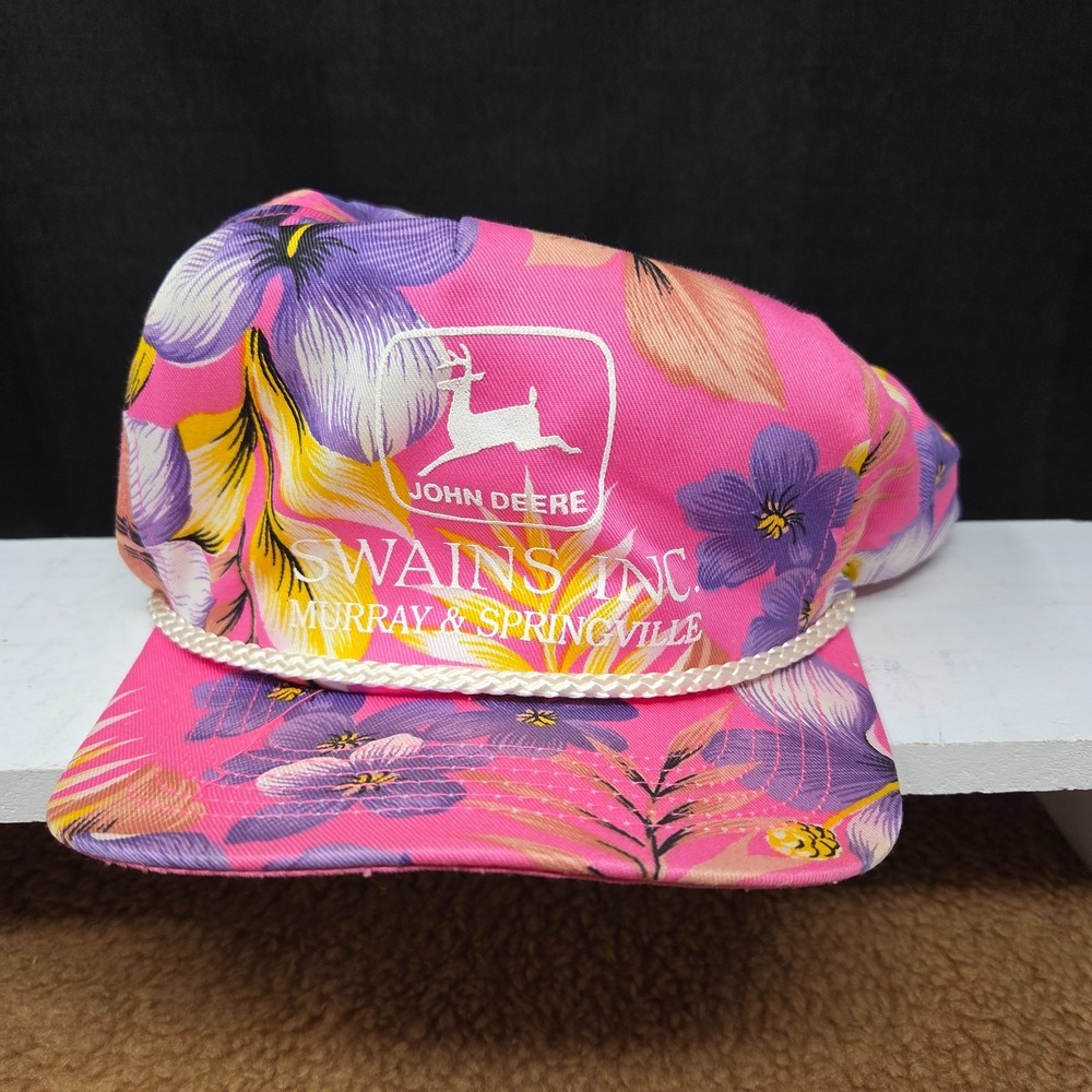 VTG John Deere Tropical Hawaiian Floral Rope Front Snapback Hat Cap Pink Rare